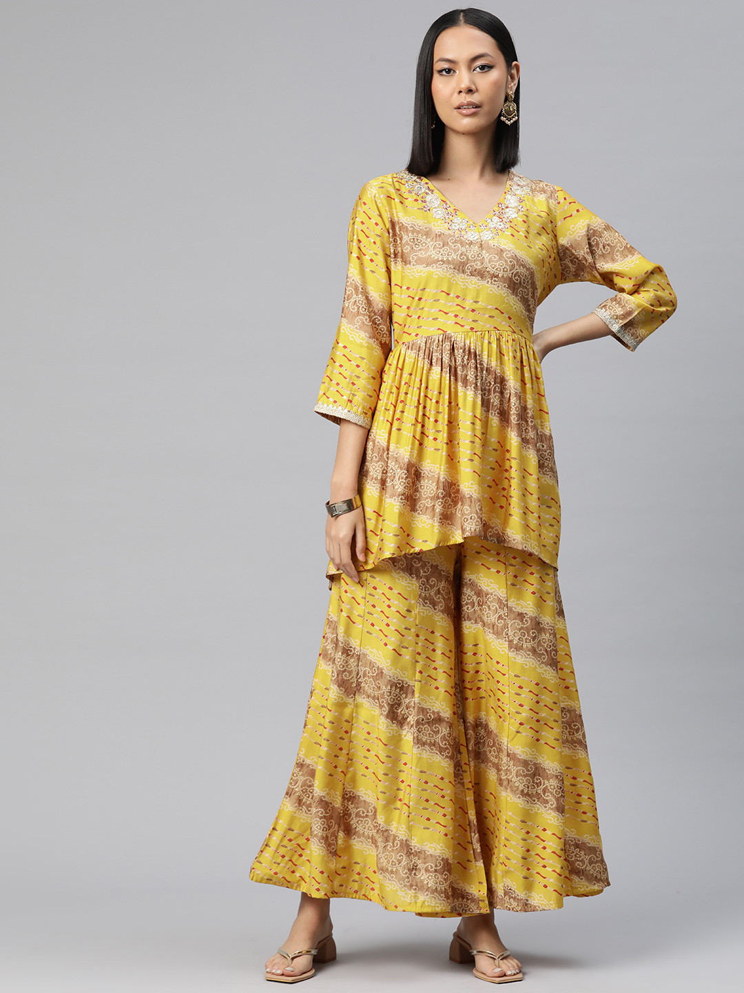 

Readiprint Bandhani Printed Pleated Sequinned Pure Silk Kurti with Palazzos, Yellow