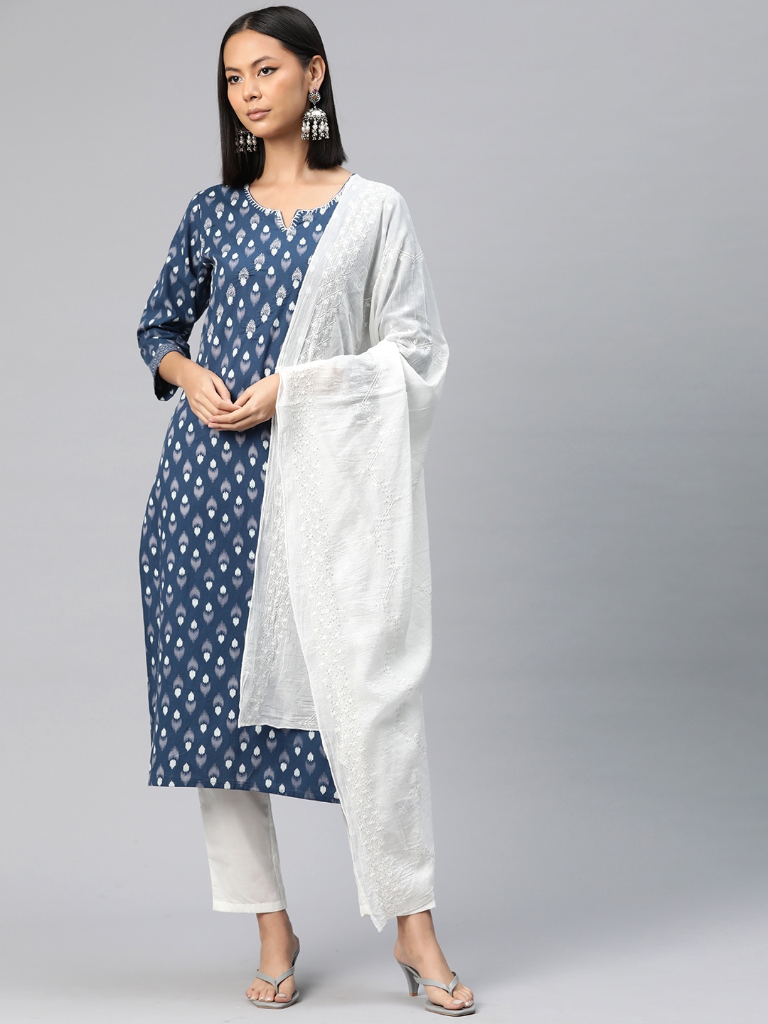 

Readiprint Printed Thread Work Pure Cotton Kurta with Trousers & Dupatta, Teal