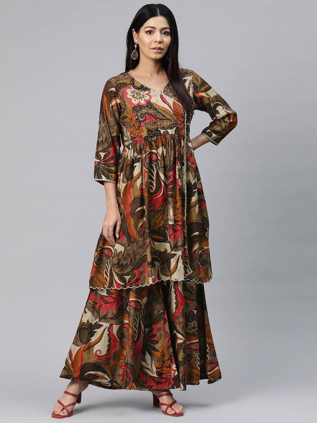

Readiprint Ethnic Motifs Printed Angrakha Beads & Stones Pure Silk Kurta Set, Brown