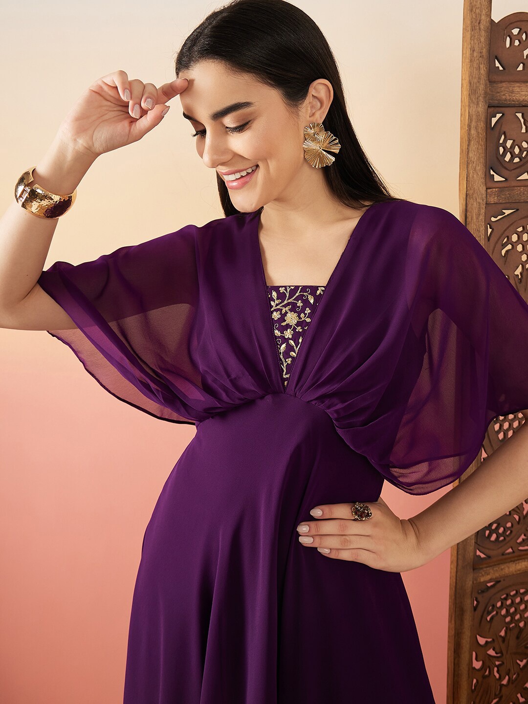 

Sangria Women Floral Zari and Sequinned Embroidered Fit and Flare Dress, Purple