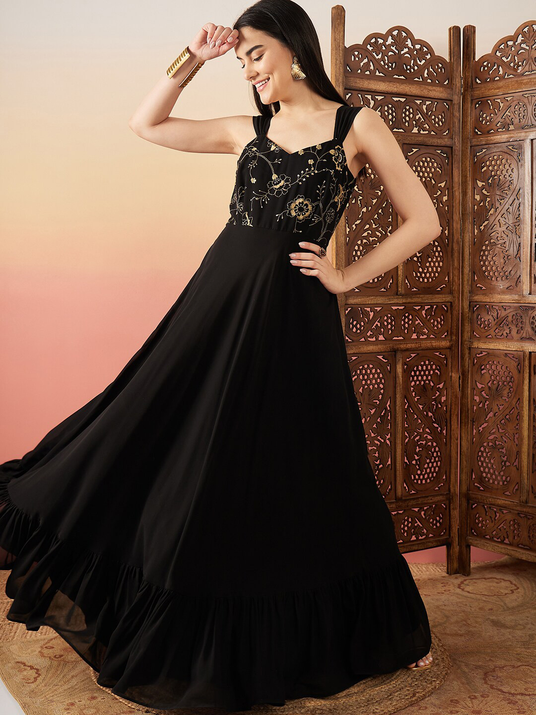 

Sangria Women Floral Thread and Sequinned Embroidered Maxi Dress, Black