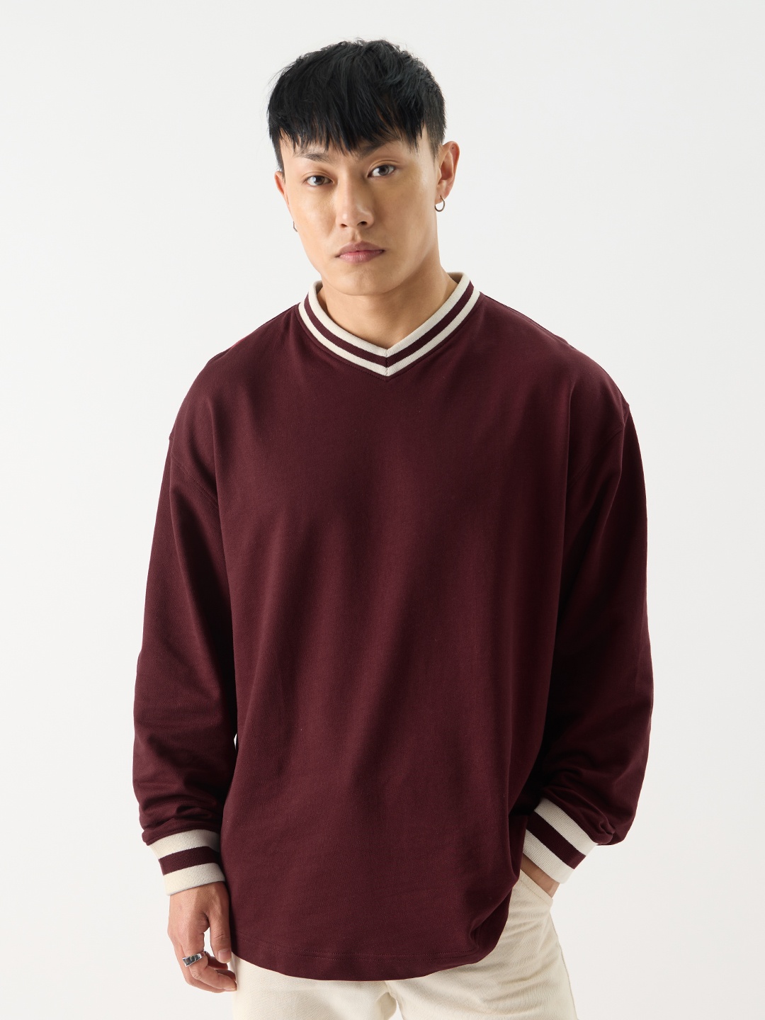 

The Souled Store Burgundy V-Neck Oversized Cotton T-shirt