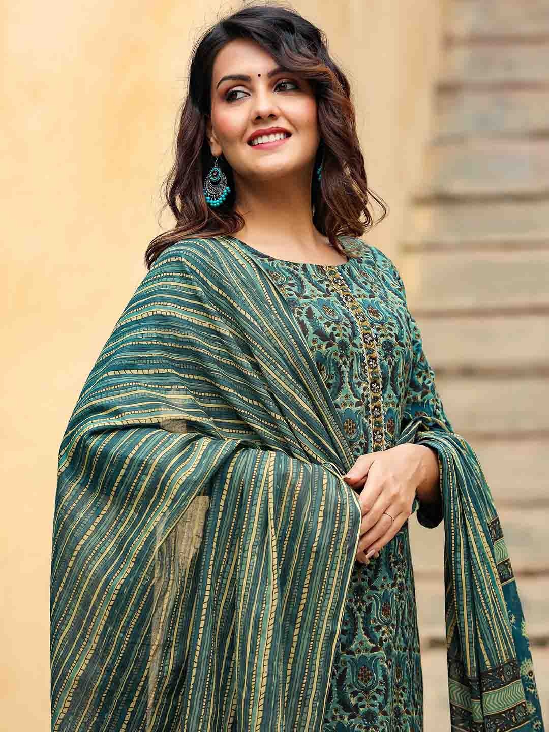

KALINI Ethnic Motifs Printed Gotta Patti Kurta & Trousers With Dupatta, Green