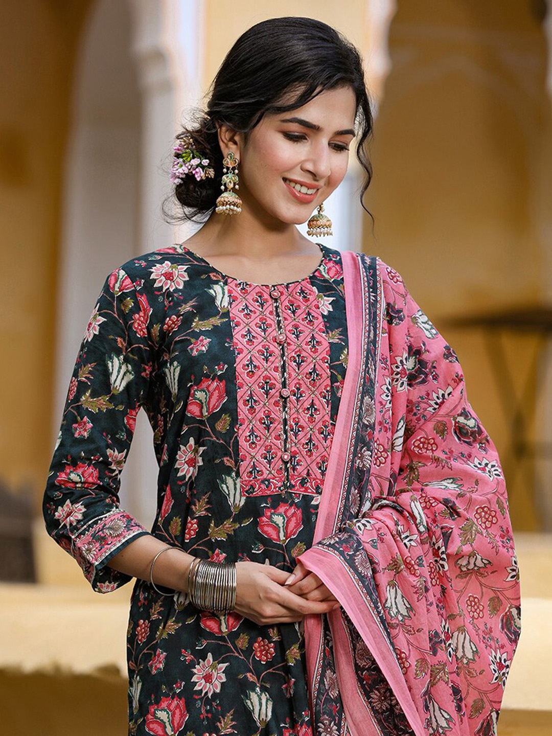 

KALINI Floral Printed Kurta & Trousers With Dupatta, Black