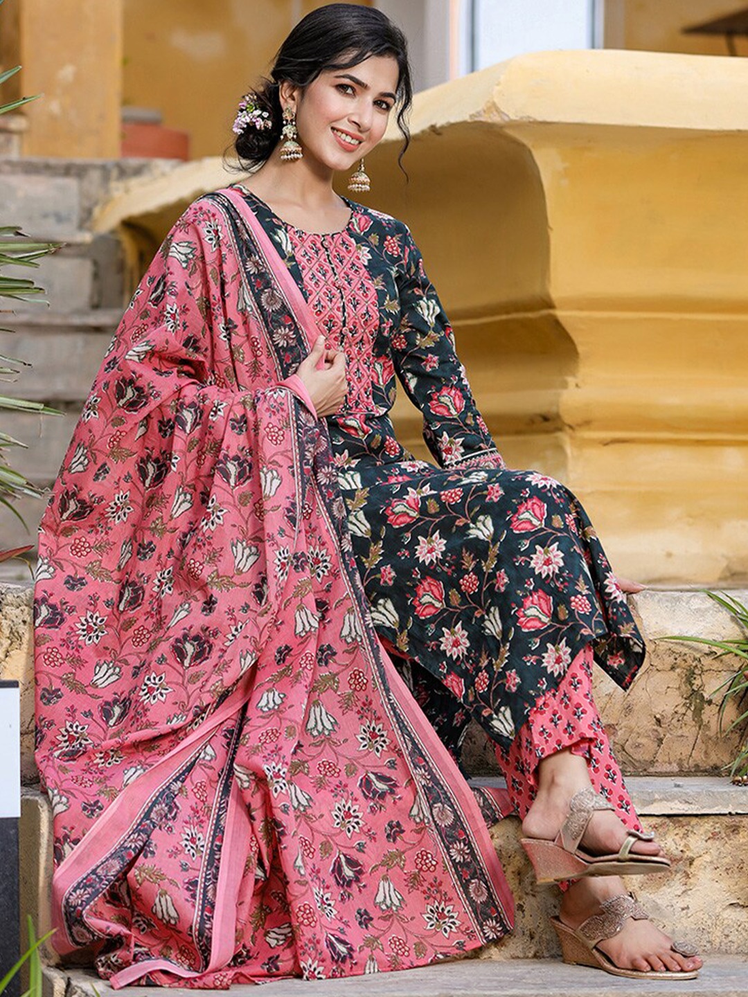 

KALINI Floral Printed Kurta & Trousers With Dupatta, Teal
