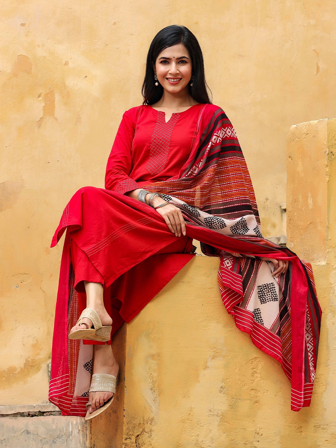 

KALINI Yoke Design Kurta & Trousers With Dupatta, Red