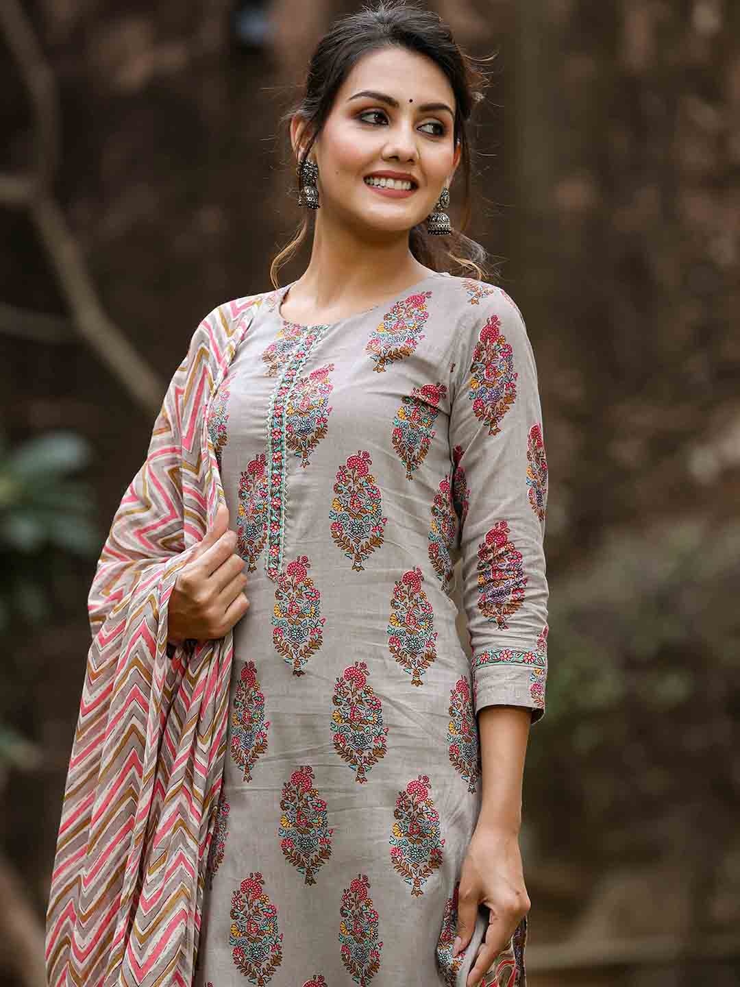 

KALINI Floral Printed Kurta & Trousers With Dupatta, Taupe