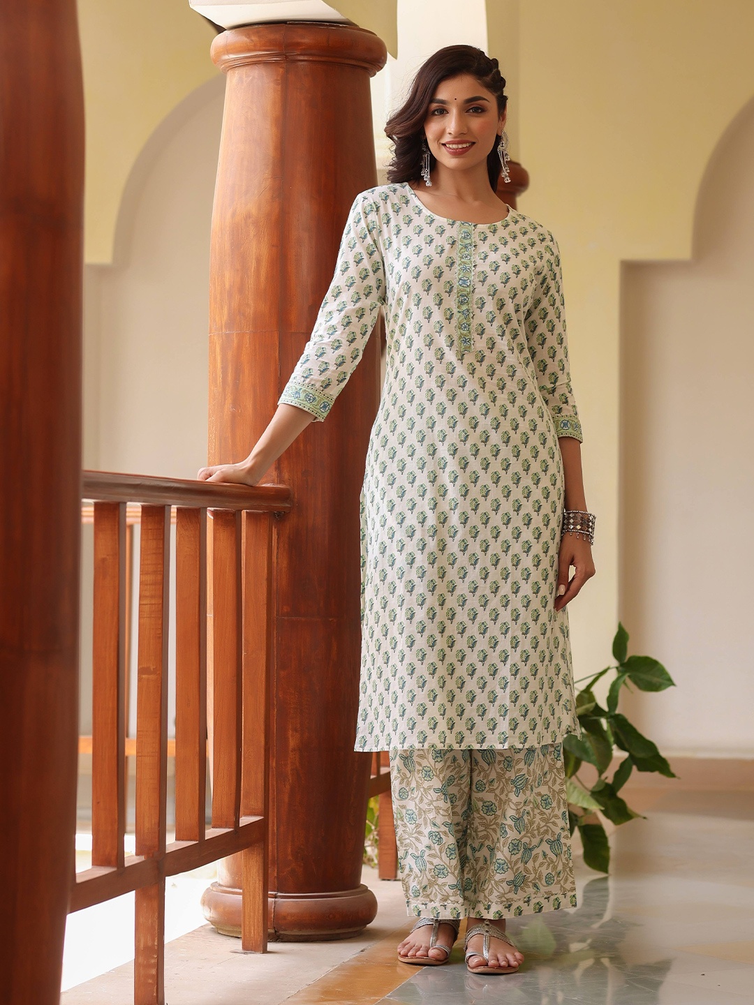 

KALINI Ethnic Motifs Printed Kurta with Palazzos, Off white