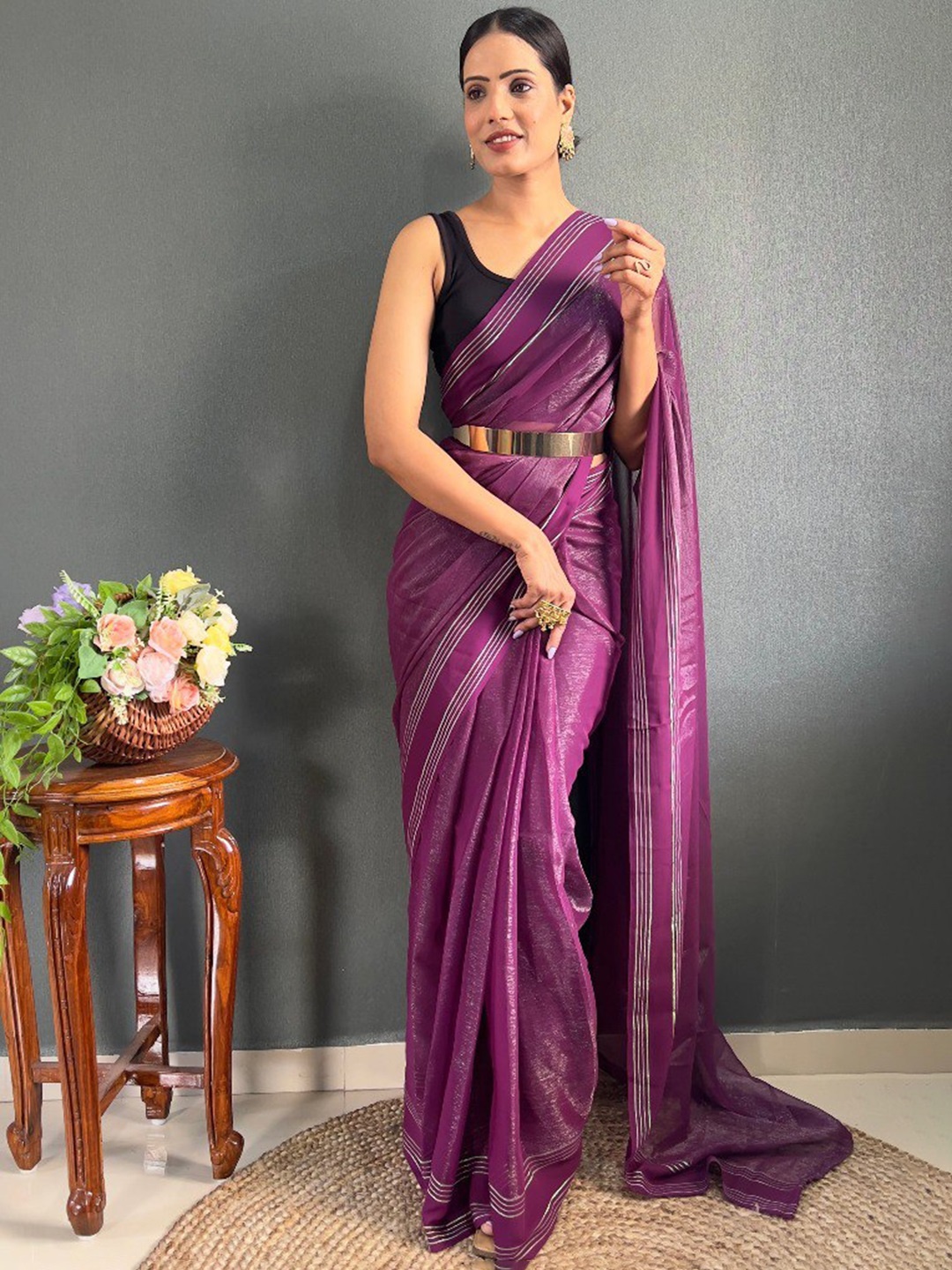 

VEERAX Striped Pure Chiffon Ready To Wear Saree, Lavender