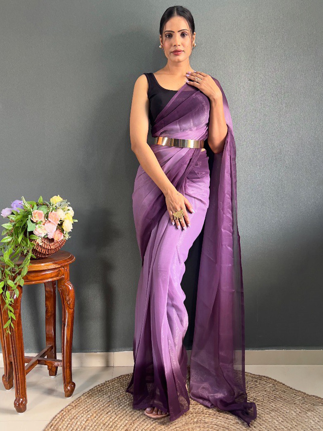 

VEERAX Ombre Pure Chiffon Ready to Wear Saree, Purple