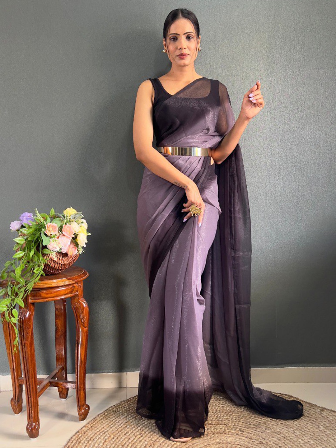 

VEERAX Ombre Pure Chiffon Ready to Wear Saree, Lavender