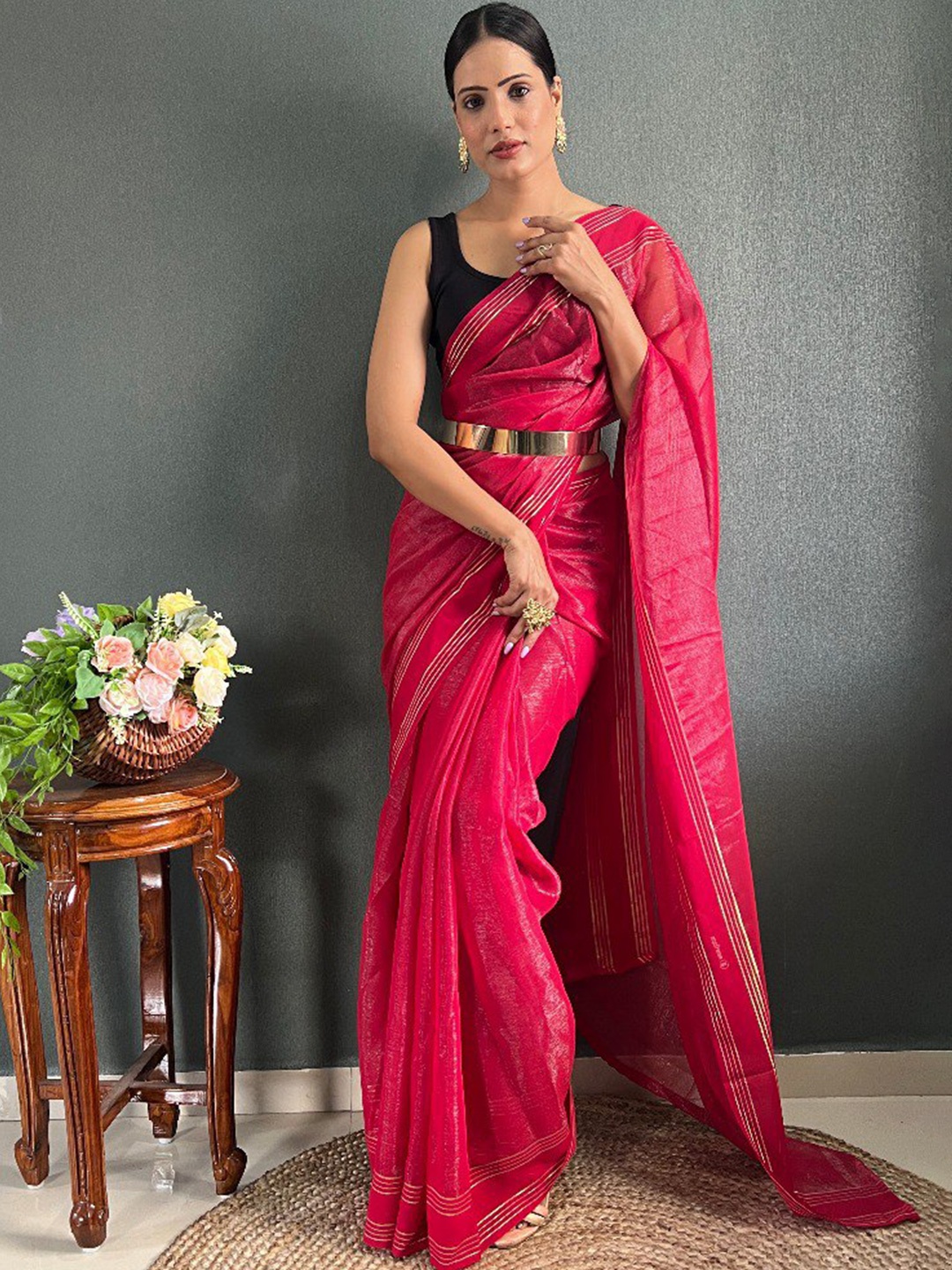 

VEERAX Zari Pure Chiffon Saree, Red