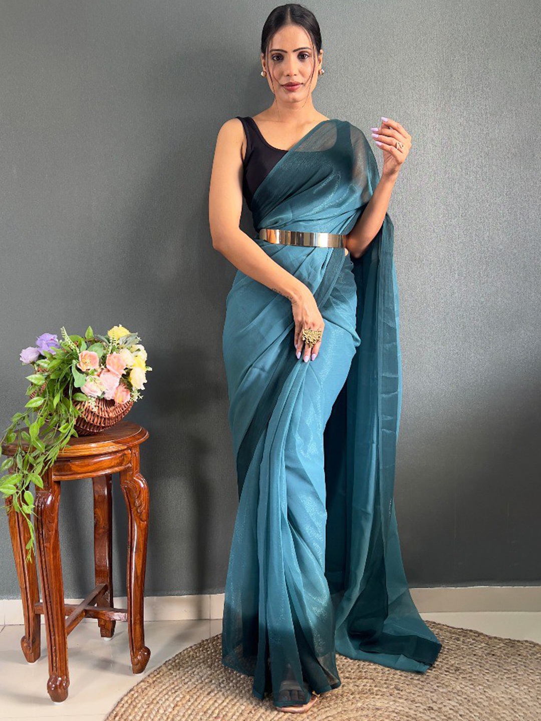 

VEERAX Ombre Pure Chiffon Ready to Wear Saree, Teal