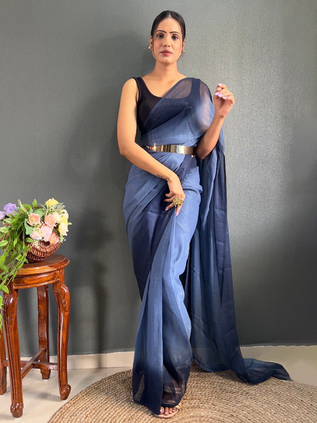 

VEERAX Ombre Pure Chiffon Ready to Wear Saree, Blue