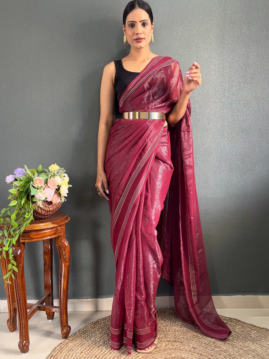 

VEERAX Striped Pure Chiffon Ready to Wear Saree, Maroon
