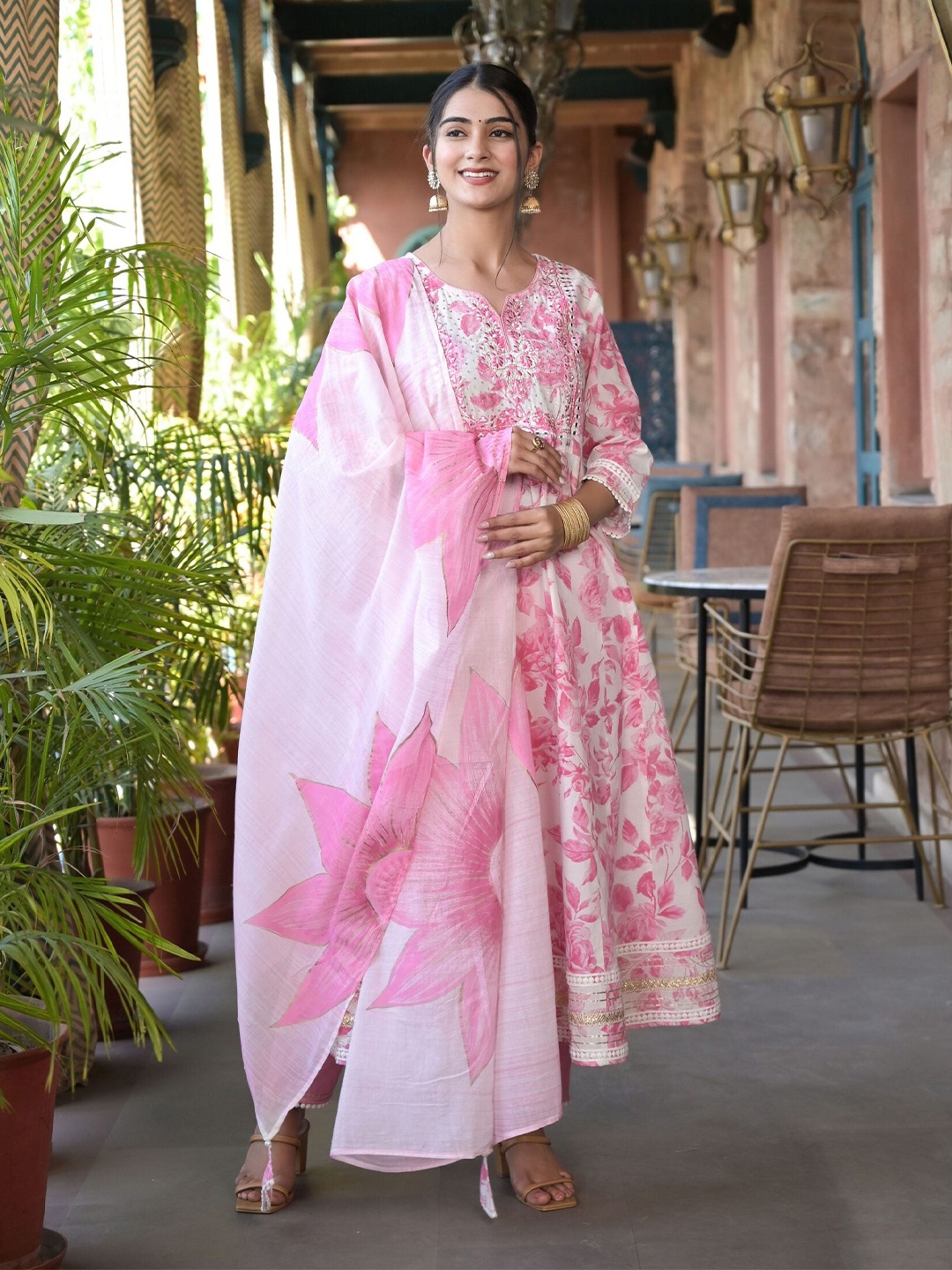 

Subh LAXMI Floral Printed Regular Mirror Work Kurta with Trousers & Dupatta, Pink