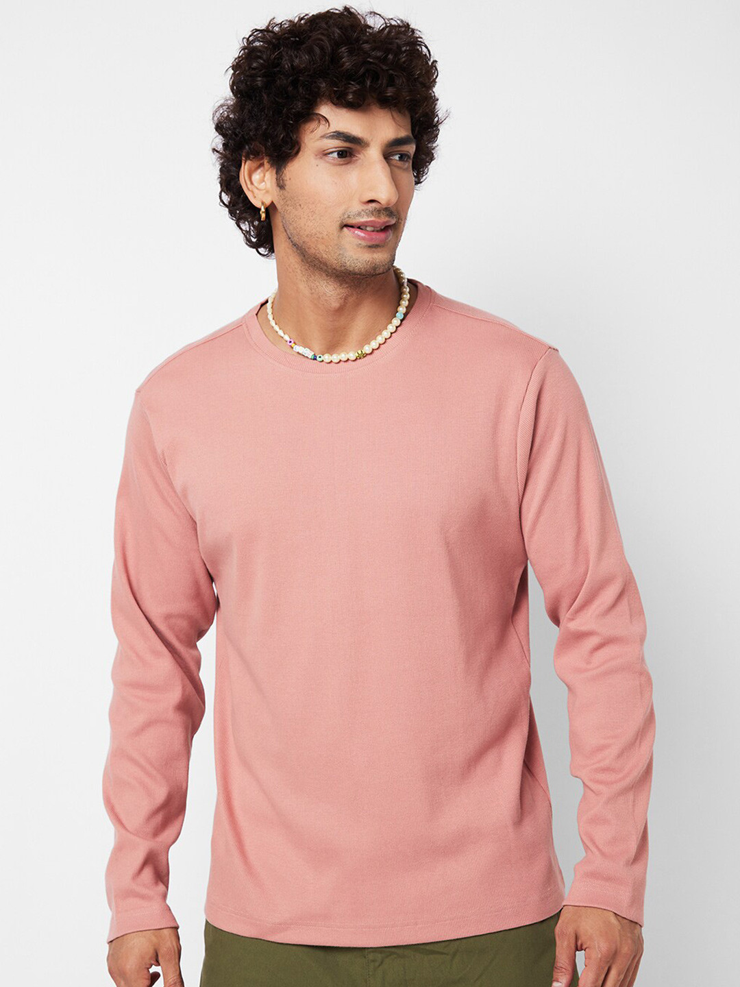 

VASTRADO Ribbed Long Sleeves Cotton T-shirt, Coral