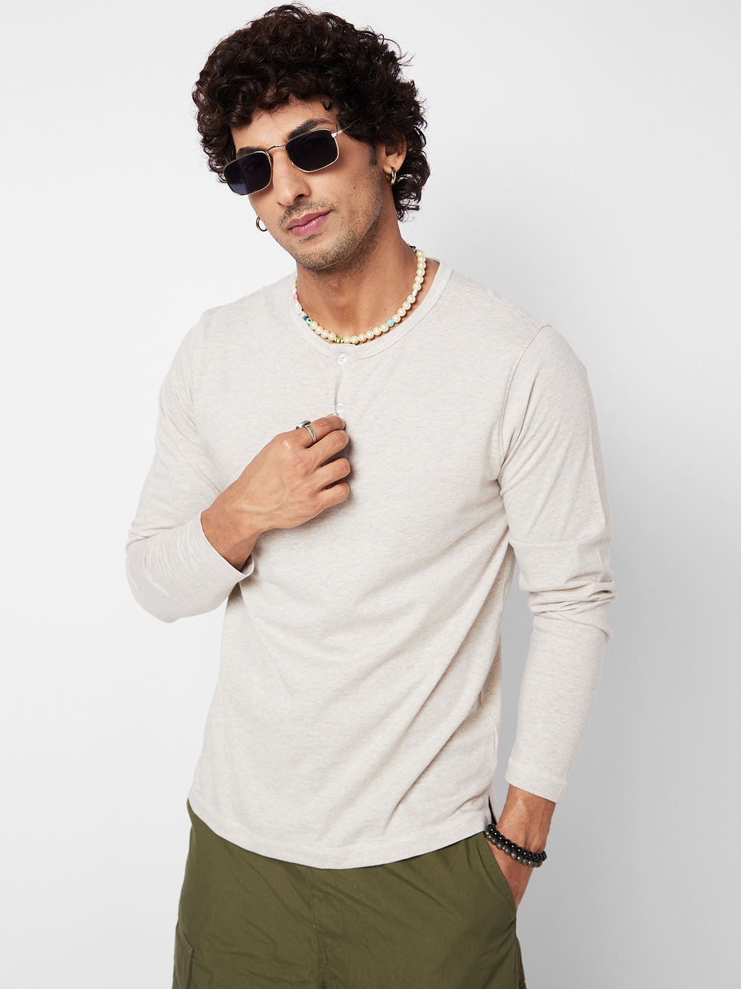 

VASTRADO Henley Neck Cotton Casual T-shirt, Off white