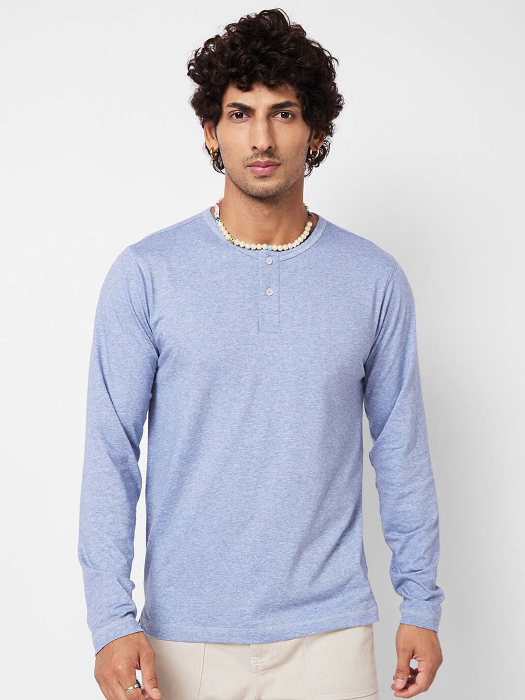 

VASTRADO Henley Neck Long Sleeves Cotton T-shirt, Blue