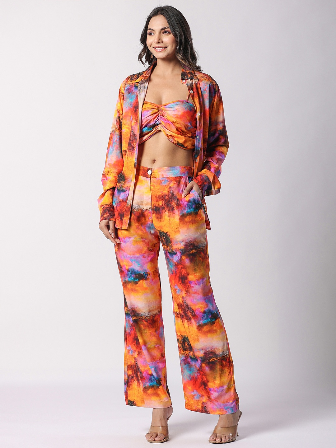 

Tistabene Chromachic Printed Shirt Collar Shirt With Bralette & Trousers, Orange
