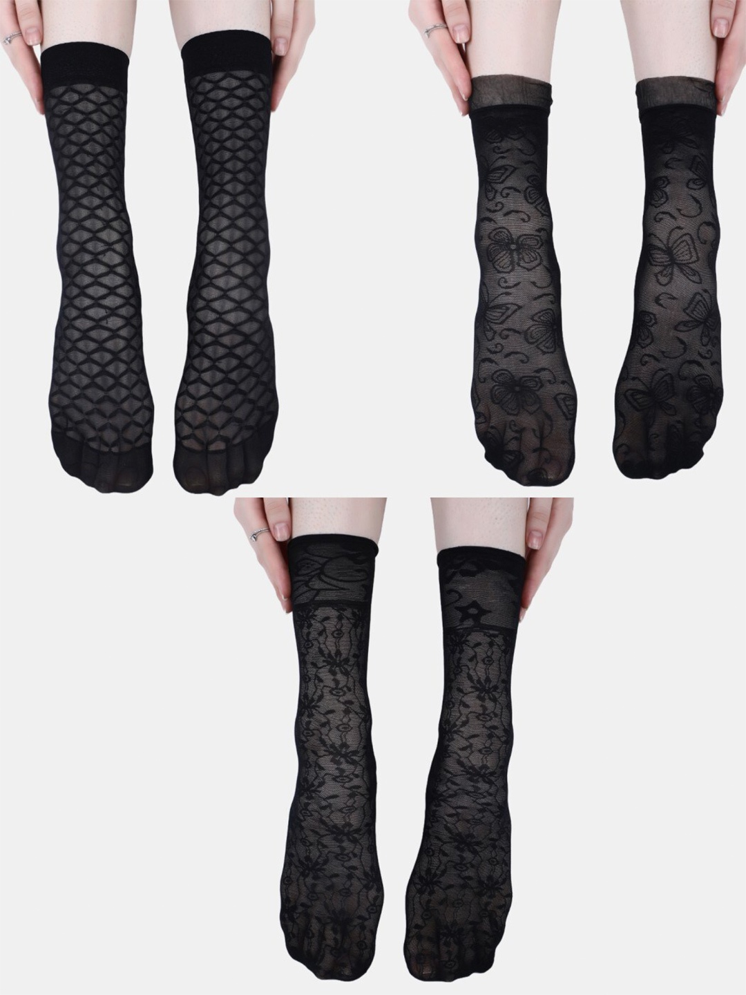 

N2S NEXT2SKIN Pack Of 3 Self-Design Ankle-Length Socks, Black