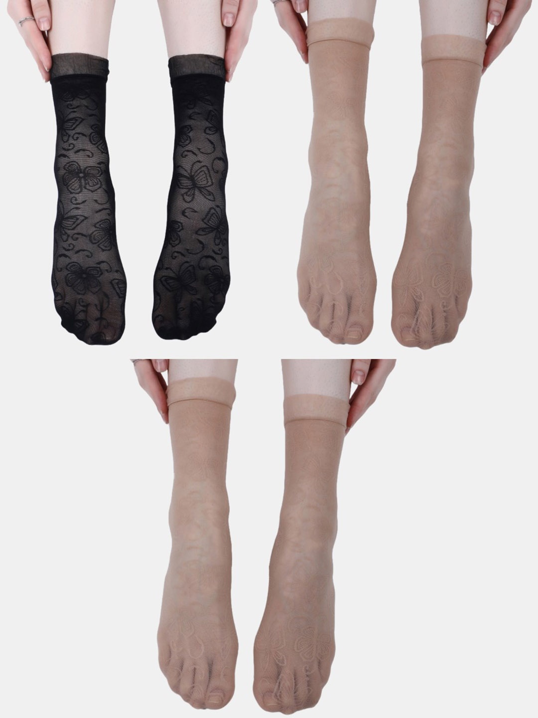 

N2S NEXT2SKIN Women Pack Of 3 Self-Design Ankle-Length Socks, Black