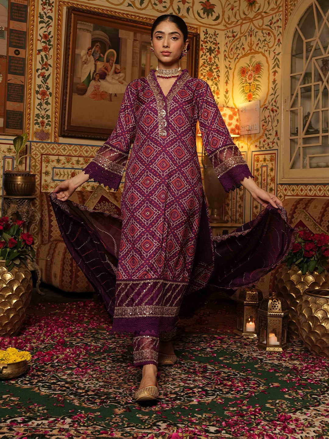 

PRATAP SONS Bandhani Printed Straight Sequinned Kurta with Trousers & Dupatta, Purple