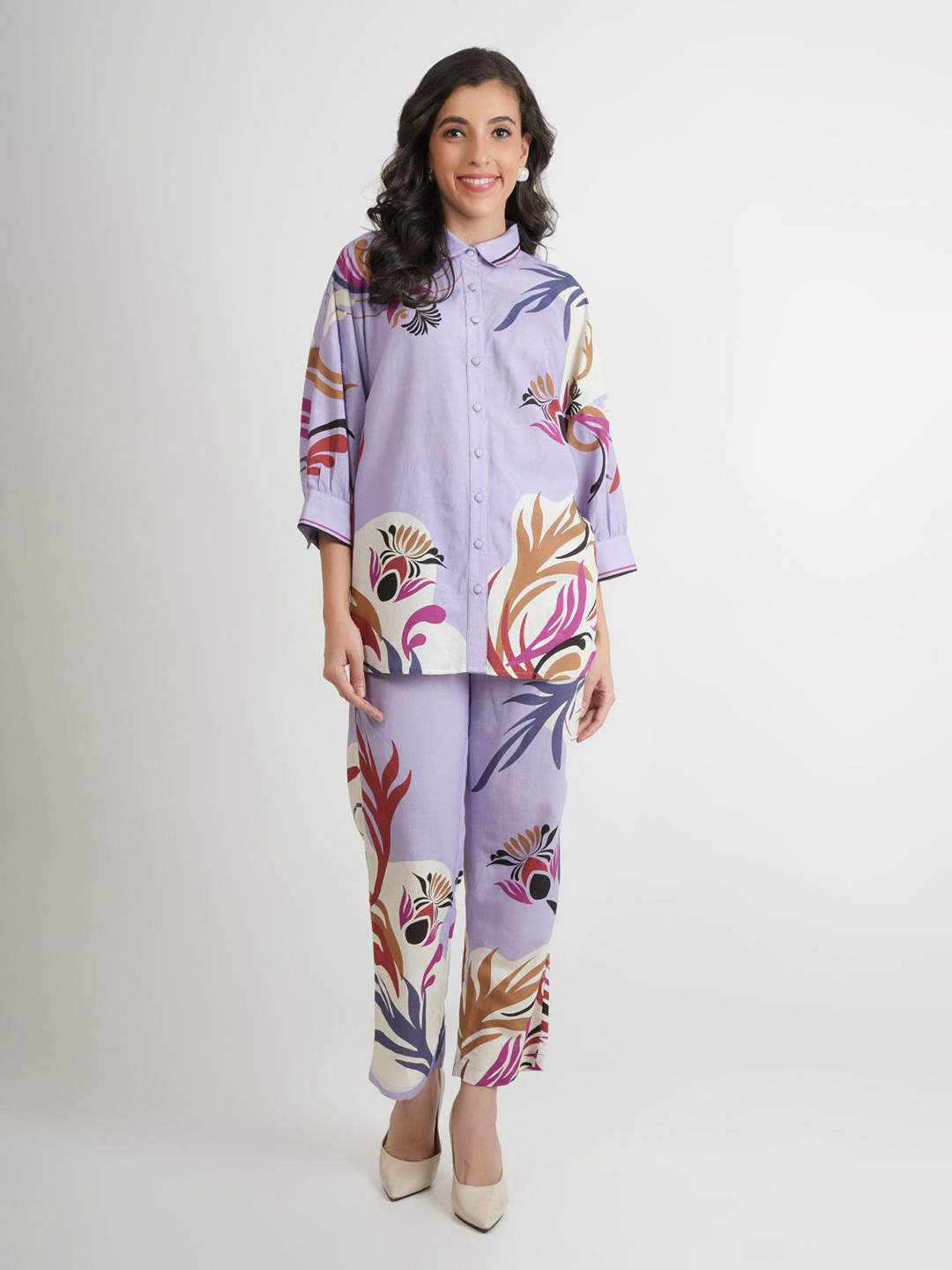 

PRATAP SONS Printed Cotton Linen Shirt & Trousers Co-Ords, Lavender
