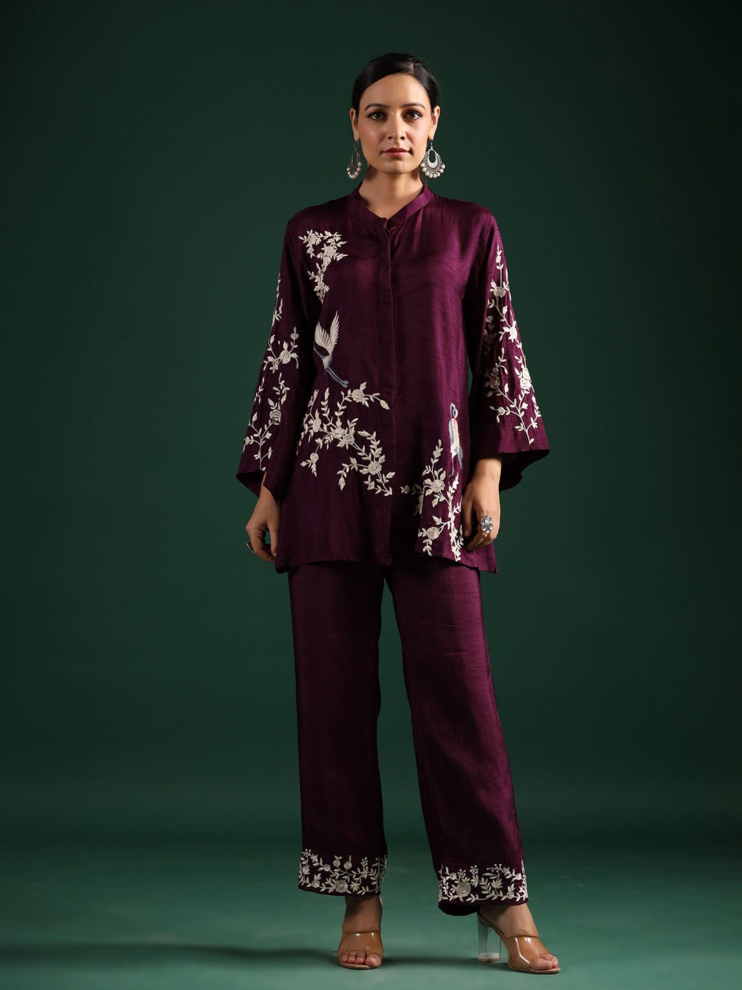 

PRATAP SONS Embroidered V-Neck Top With Trouser, Burgundy