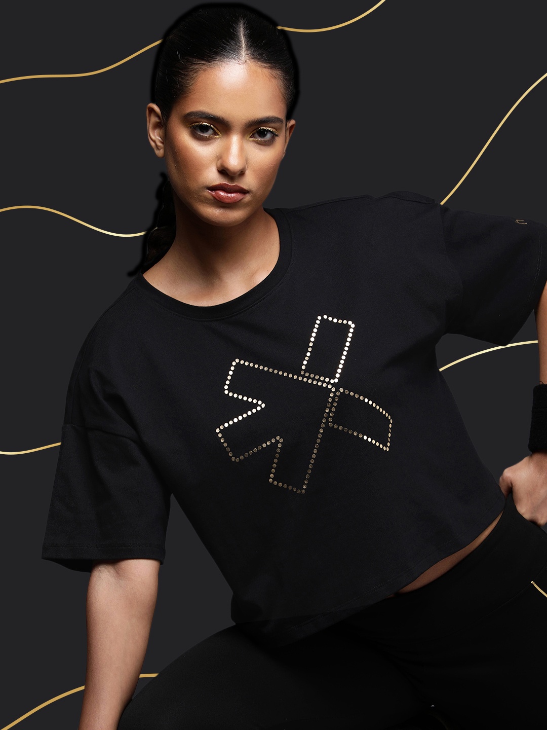 

HRX by Hrithik Roshan Active Goddess Collection Printed Pure Cotton Training T-shirt, Black