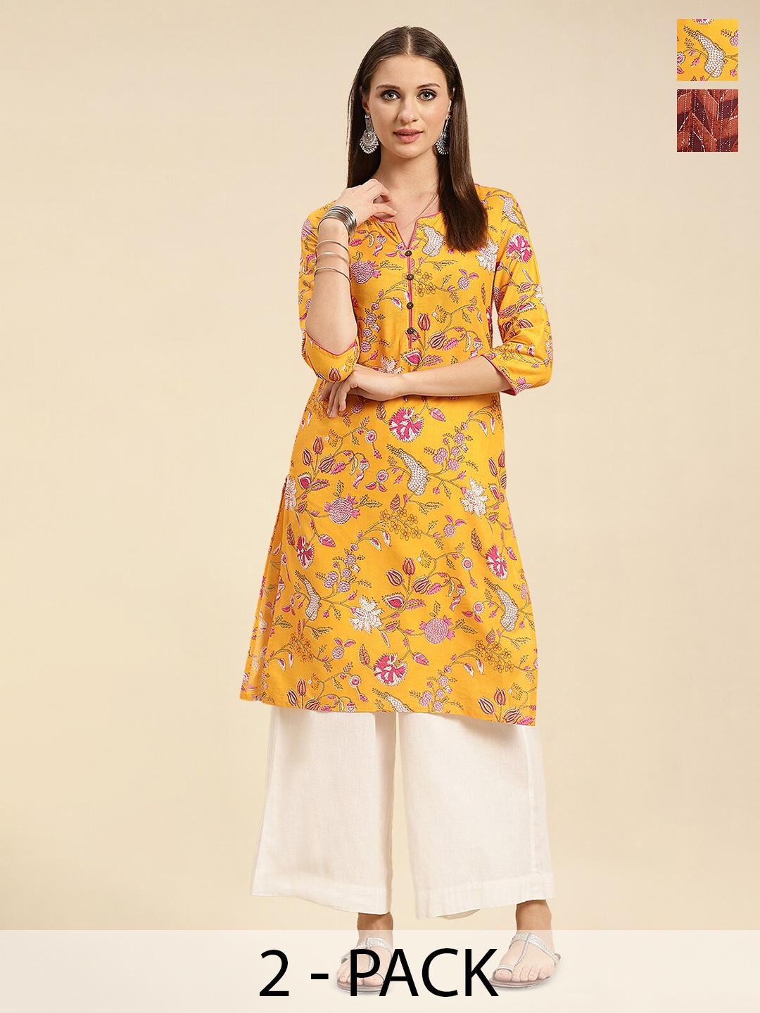 

Rangita Selection Of 2 Ethnic Motifs Printed Pure Cotton Straight Kurta, Yellow