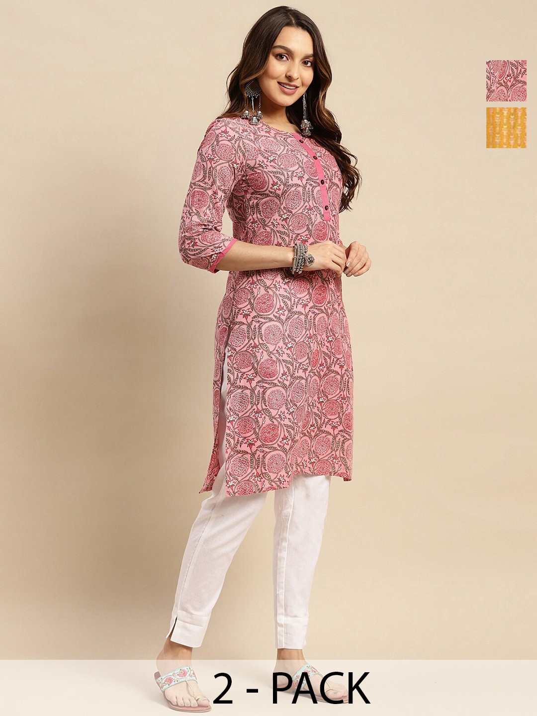 

Rangita Selection of 2 Ethnic Motifs Printed Cotton Straight Kurta, Pink