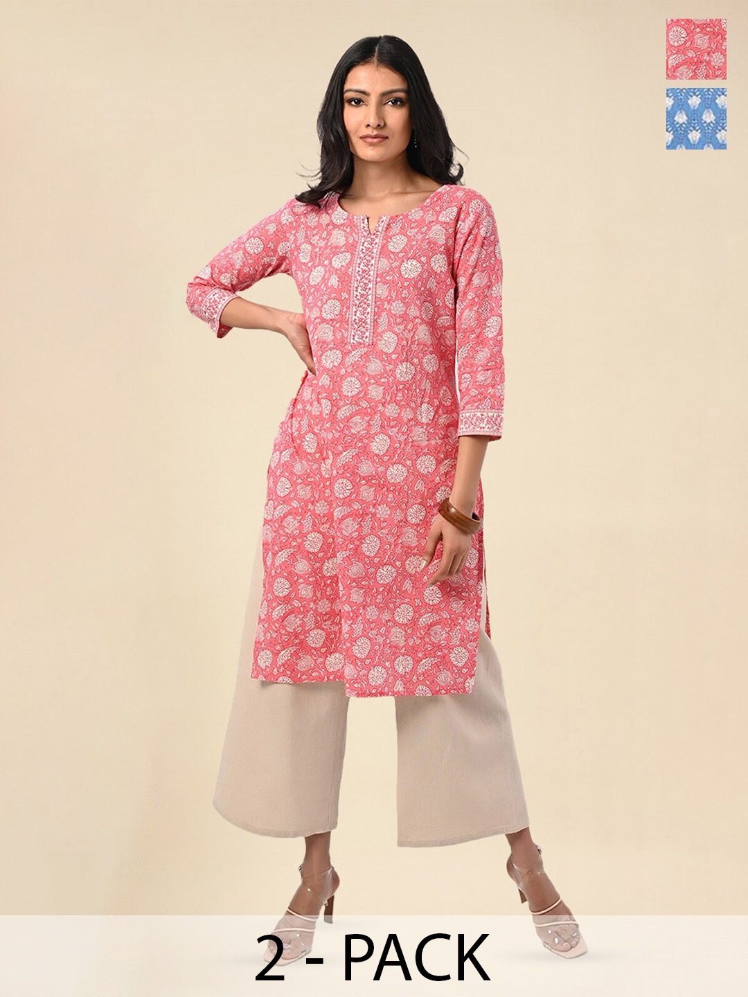 

Rangita Selection Of 2 Ethnic Motifs Printed Regular Pure Cotton Straight Kurta, Pink