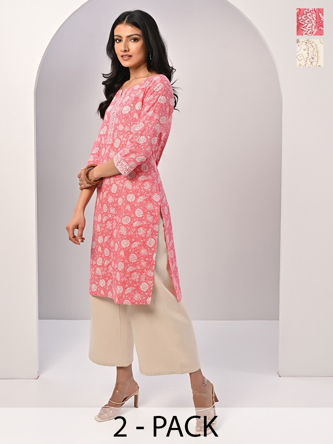 

Rangita Selection Of 2 Floral Printed Pure Cotton Kurta, Pink