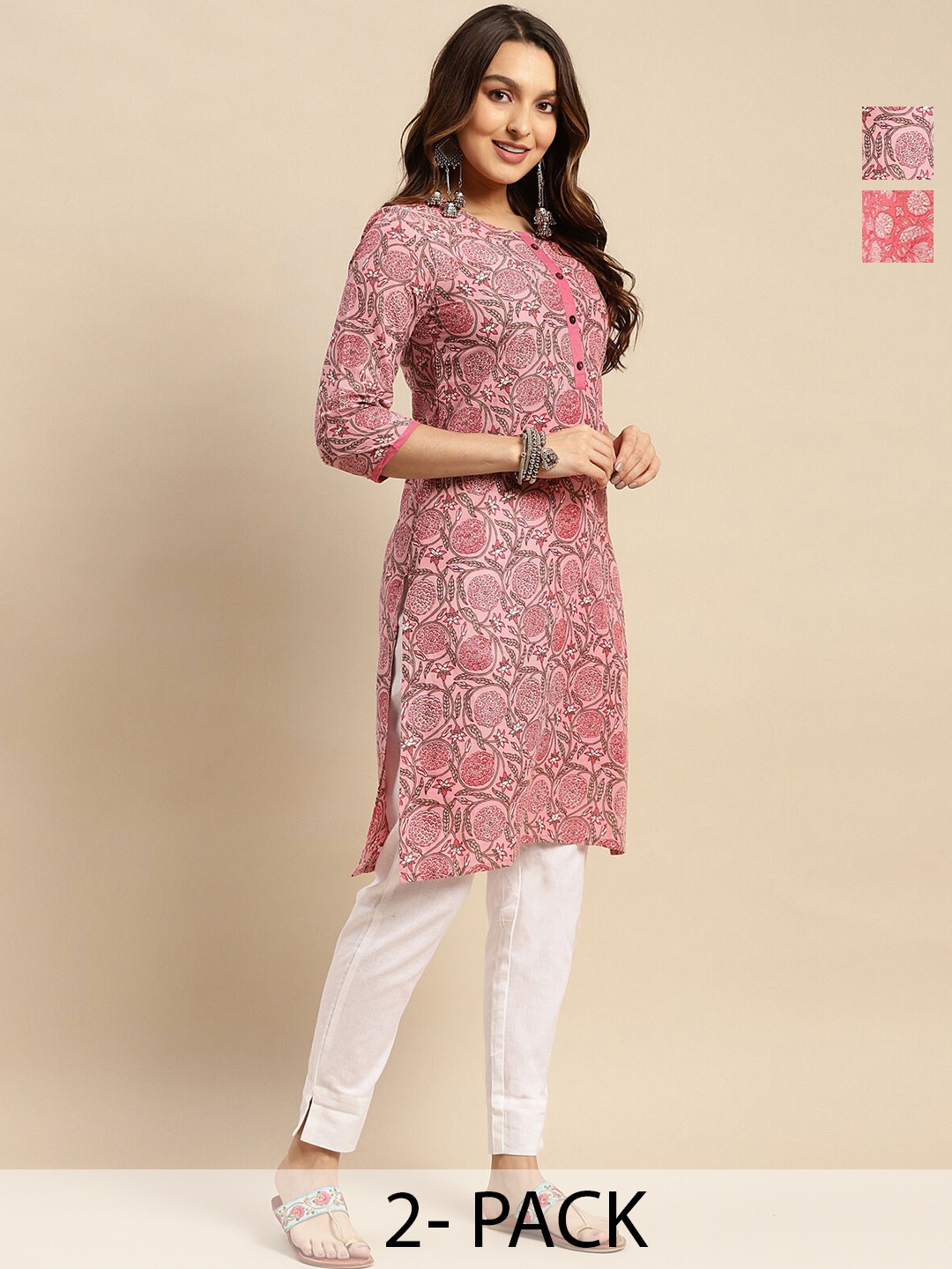 

Rangita Selection of 2 Ethnic Motifs Printed Pure Cotton Straight Kurta, Pink