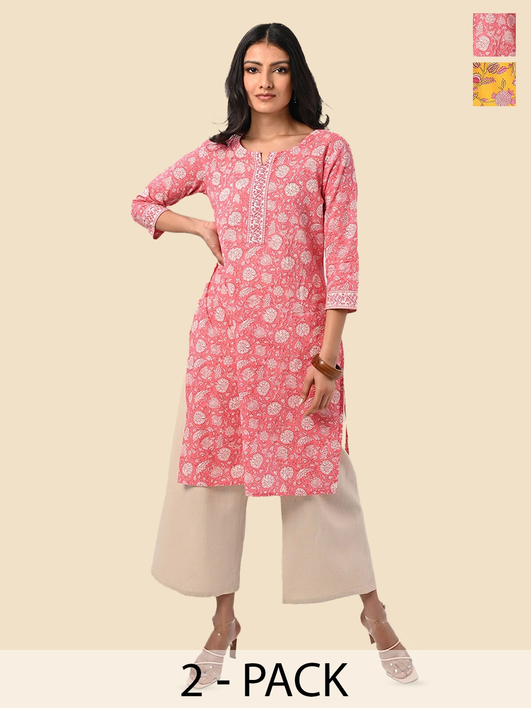 

Rangita Selection Of 2 Ethnic Motifs Printed Pure Cotton Kurtas, Pink