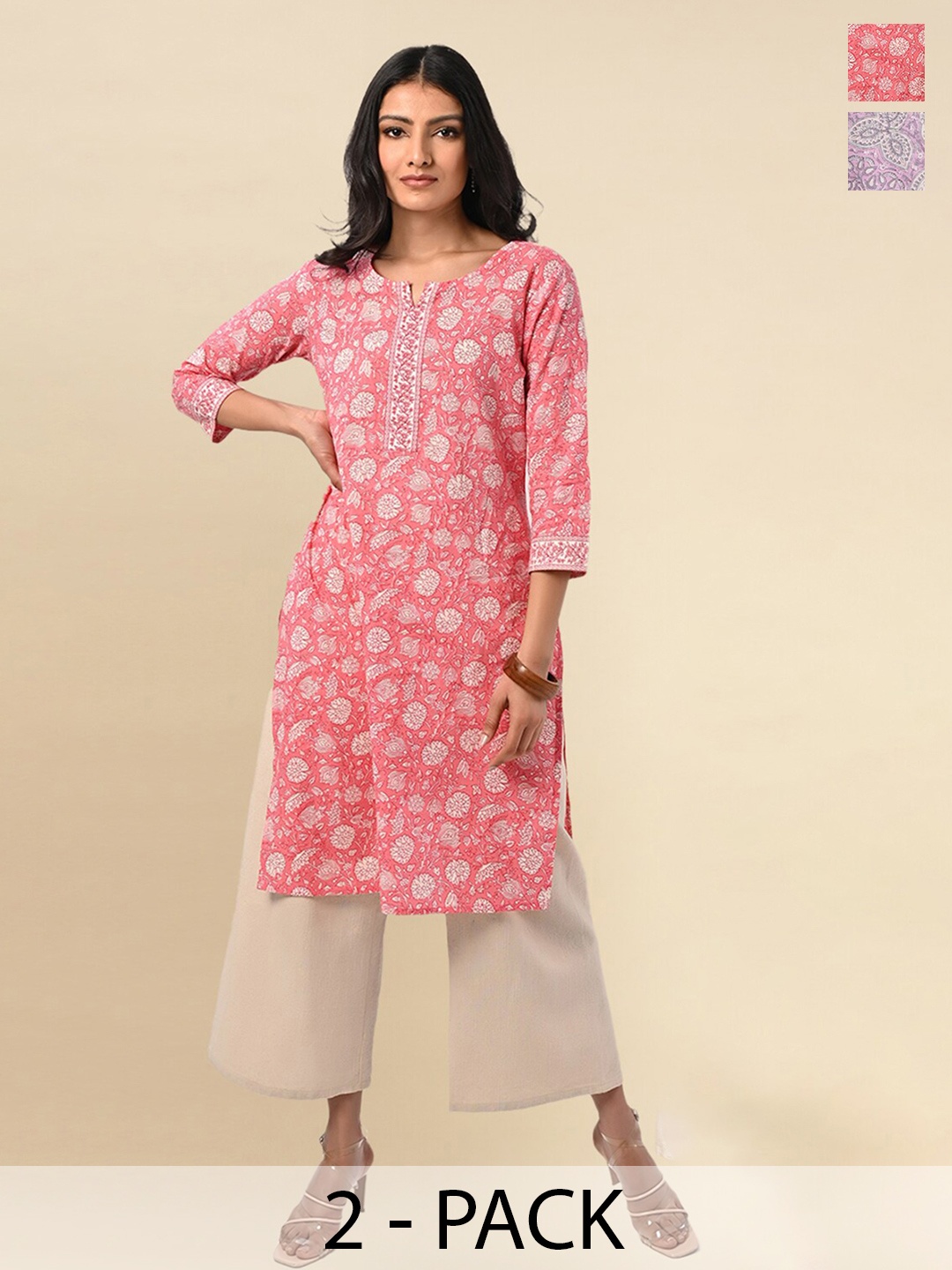 

Rangita Selection Of 2 Ethnic Motifs Printed Pure Cotton Kurtas, Pink