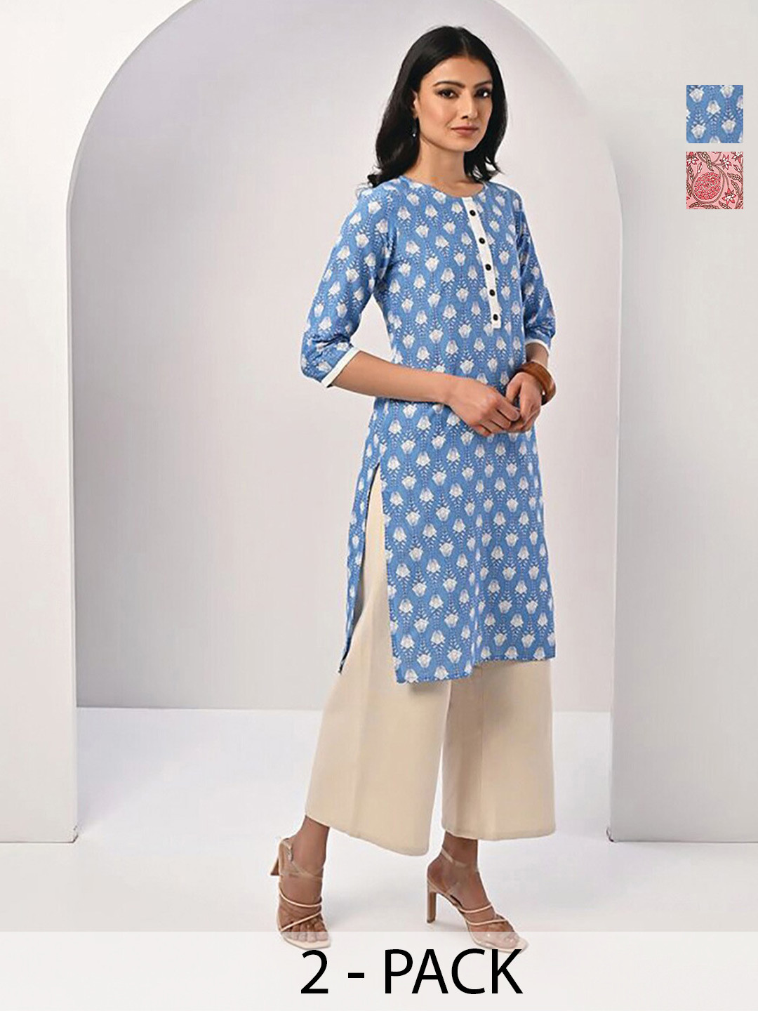 

Rangita Selection Of 2 Floral Printed Pure Cotton Kurta, Blue