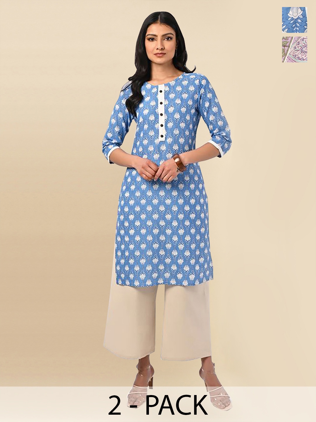 

Rangita Pack Of 2 Floral Printed Round Neck Pure Cotton Straight Kurta, Blue