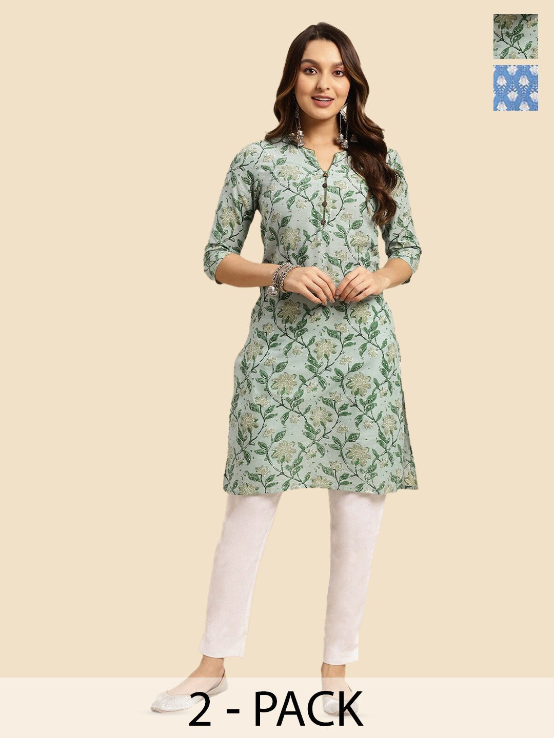 

Rangita Selection Of 2 Ethnic Motifs Printed Pure Cotton Kurtas, Blue