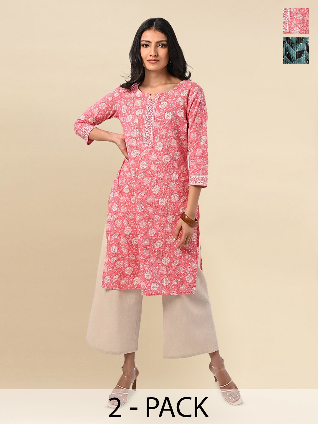 

Rangita Selection Of 2 Printed Pure Cotton Straight Kurta, Pink