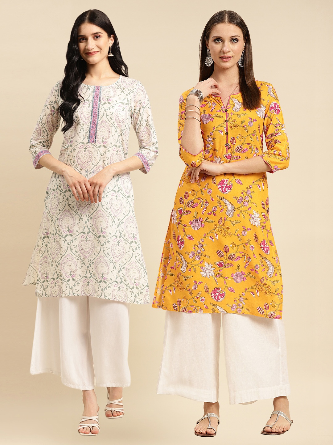 

Rangita Selection of 2 Floral Printed Cotton Straight Kurta, Yellow