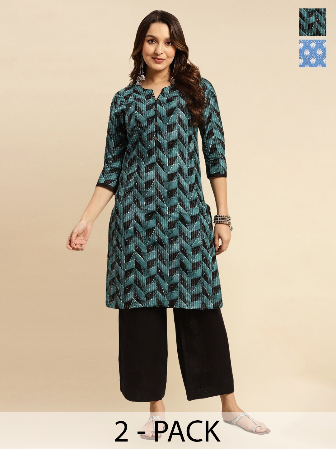 

Rangita Selection Of 2 Geometric Printed Pure Cotton Kurta, Green