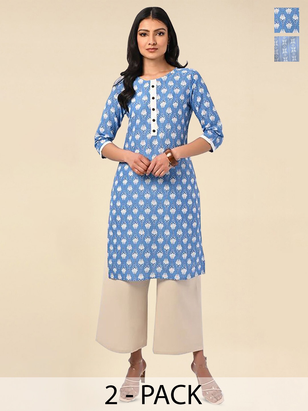 

Rangita Selection of 2 Ethnic Motifs Printed Pure Cotton Straight Kurta, Blue