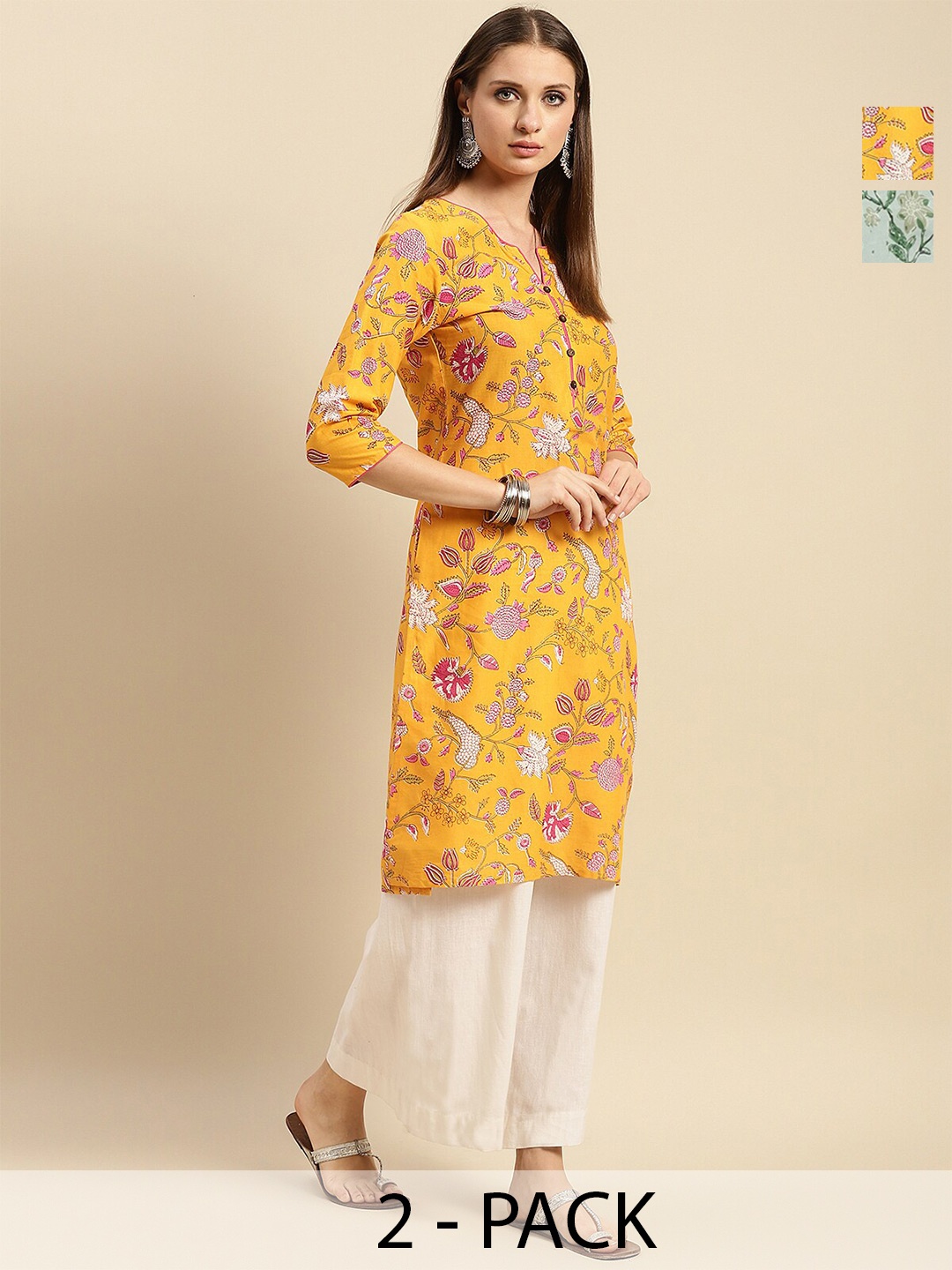 

Rangita Selection of 2 Ethnic Motifs Printed Pure Cotton Straight Kurta, Yellow