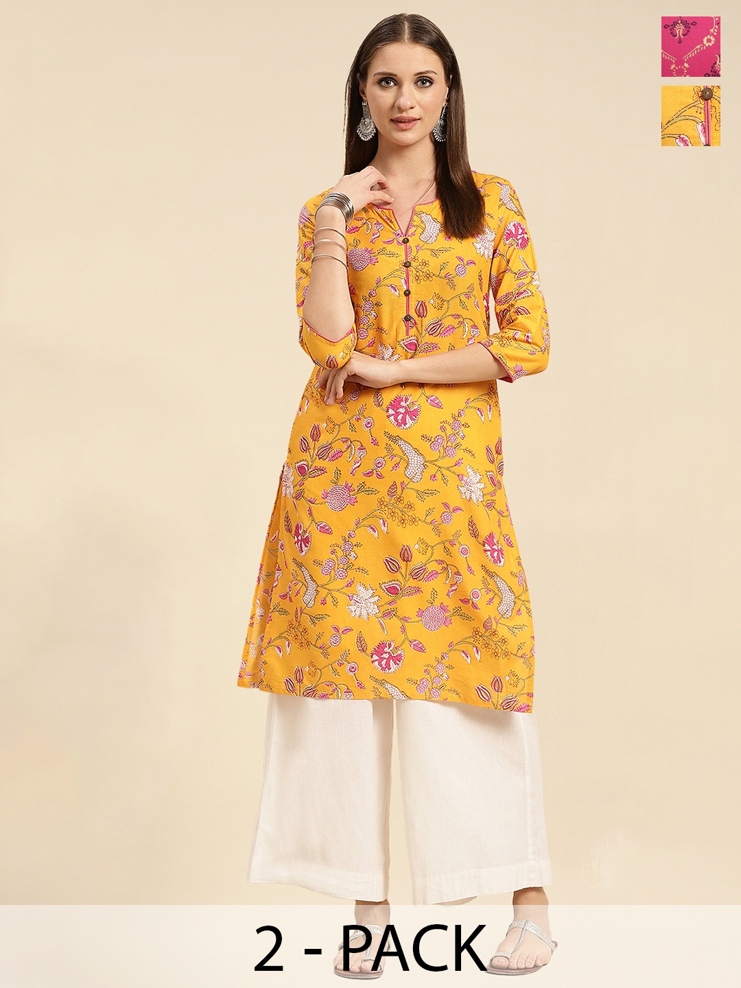 

Rangita Selection of 2 Floral Printed Cotton Straight Kurta, Yellow