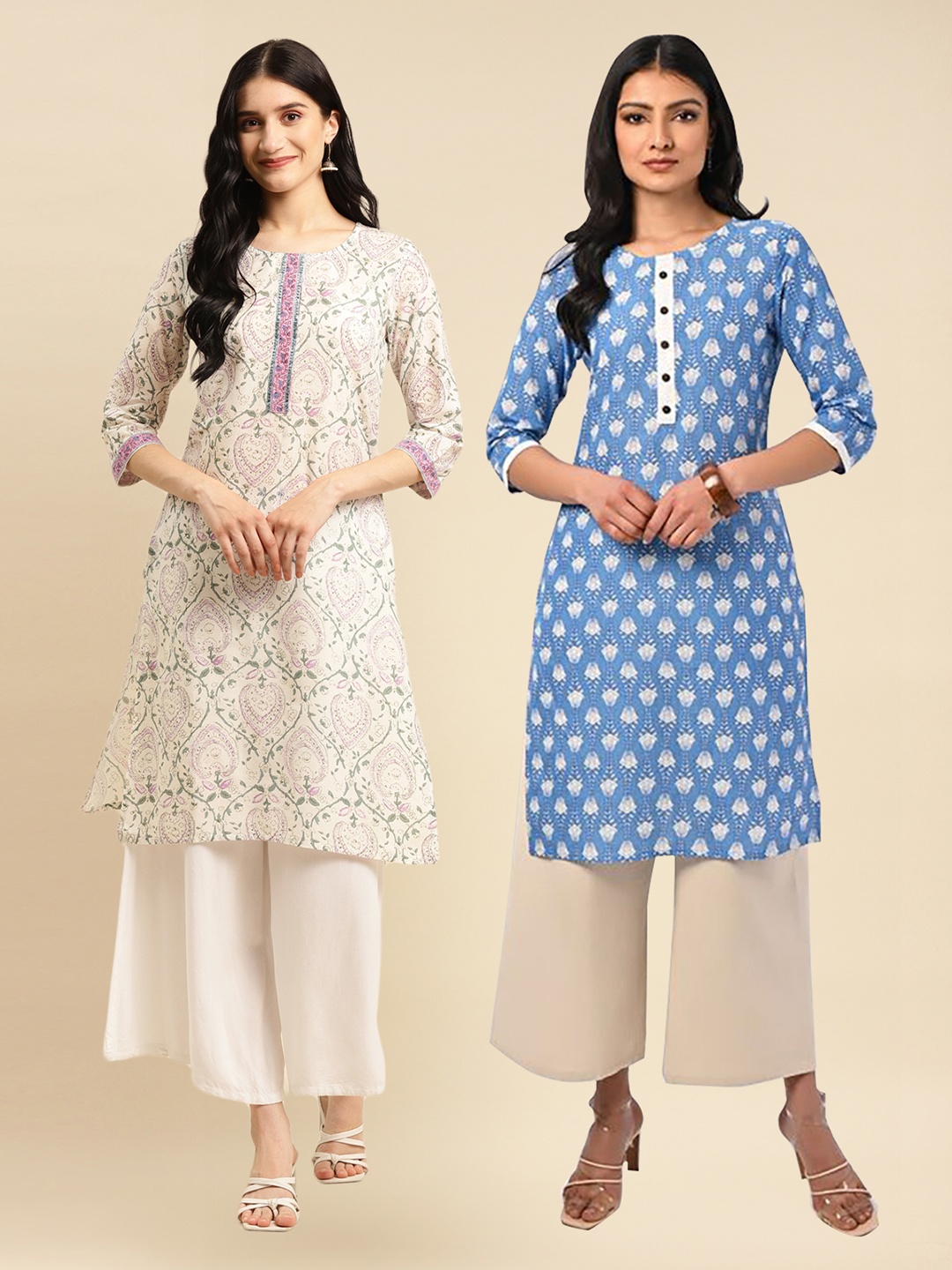 

Rangita Selection of 2 Ethnic Motifs Printed Pure Cotton Straight Kurtas, Off white