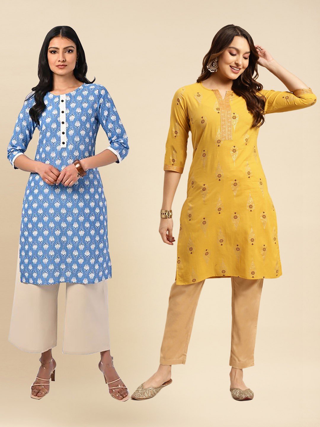 

Rangita Selection Of 2 Ethnic Motifs Printed Pure Cotton Kurtas, Blue