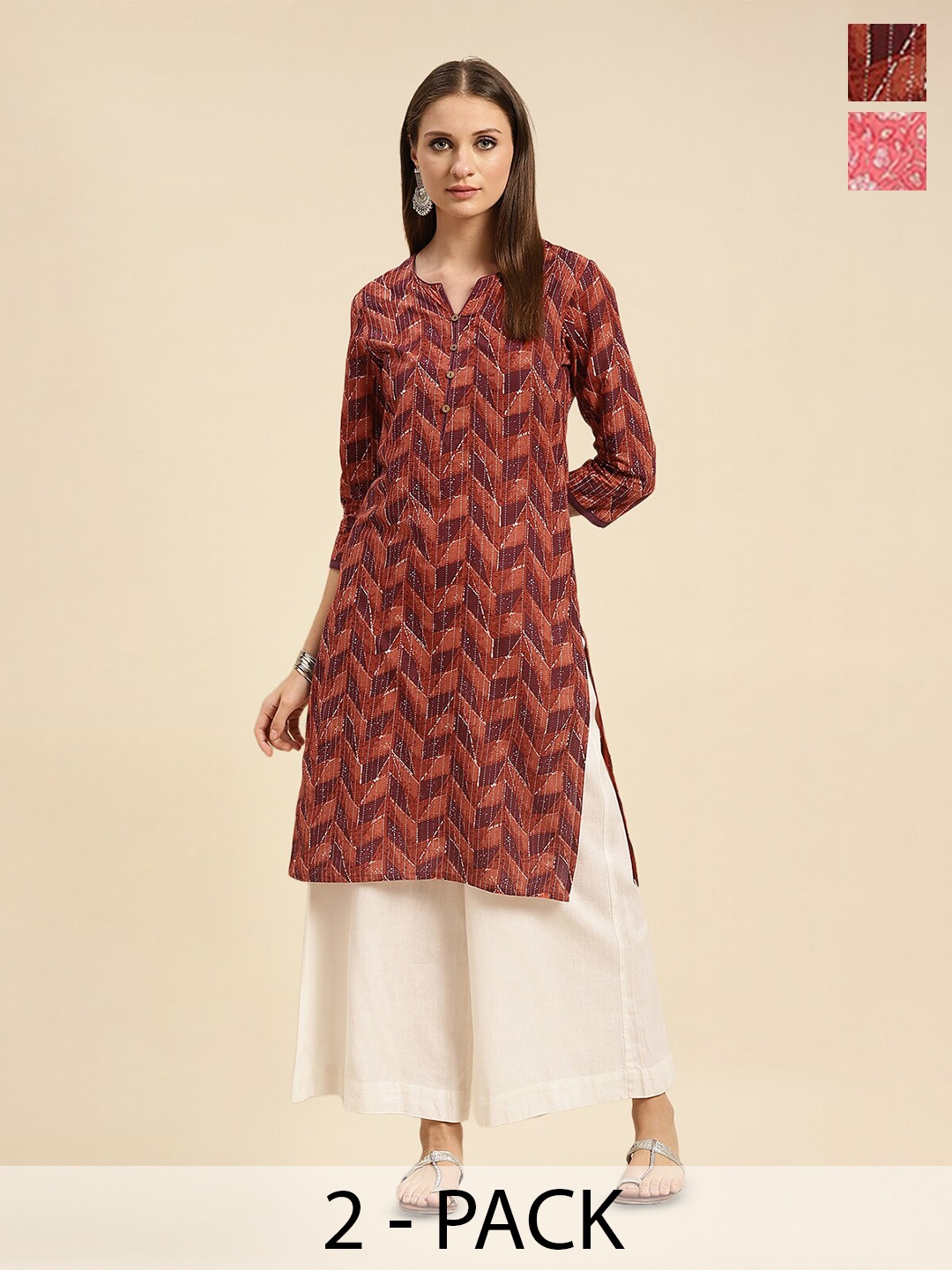 

Rangita Selection Of 2 Ethnic Motifs Printed Regular Pure Cotton Straight Kurta, Peach