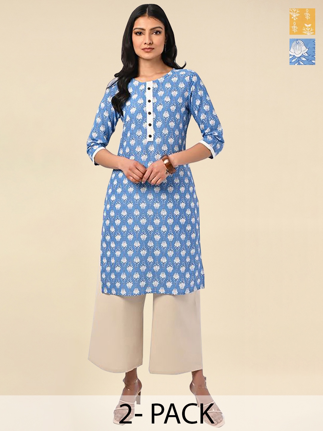 Rangita Selection Of 2 Ethnic Motifs Printed Pure Cotton Kurtas, Blue
